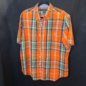 U.S. POLO ASSN. Plaid Shirt‎ Mens L Orange Green Short Sleeve Button Down Casual